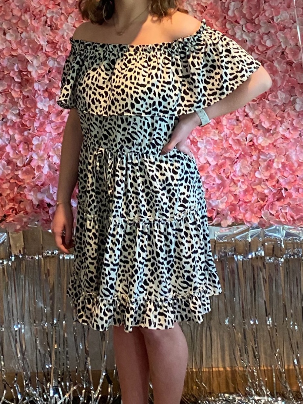 ODDY Black and White Animal Print Ruffle Dress